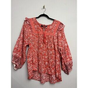 Anthropologie Cleobella Top Shirt Size XL Ruffle Long Sleeve Peasant Red Cotton